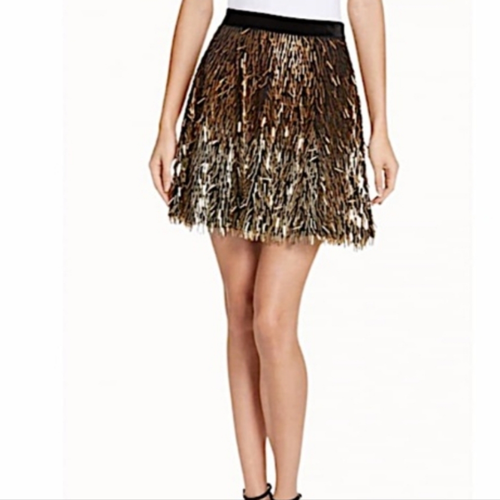 Alice + Olivia Cina Embellished Glitter Tassel Mini Skirt Ombre Gold Size 2